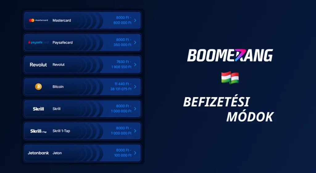 BoomerangBet befizetési és kifizetési módok